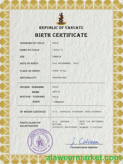 Vanuatu vital record birth certificate PSD template